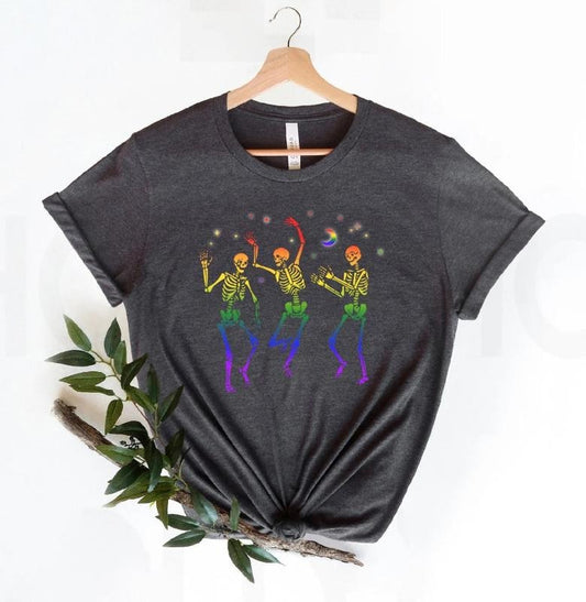 Dancing Skeleton Rainbow Shirt, skeleton sweatshirt, Dancing Skeletons, halloween shirt, LGBTQ Shirt, Trans Shirt, Pride Ally, Pride Month style 02