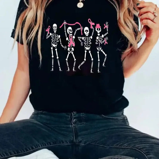 Dancing Skeletons Breast Cancer Shirt, Skeletons Pink Ribbon Cancer Awareness Tee, Halloween Breast Cancer Month Shirt, Unisex Tee Casual