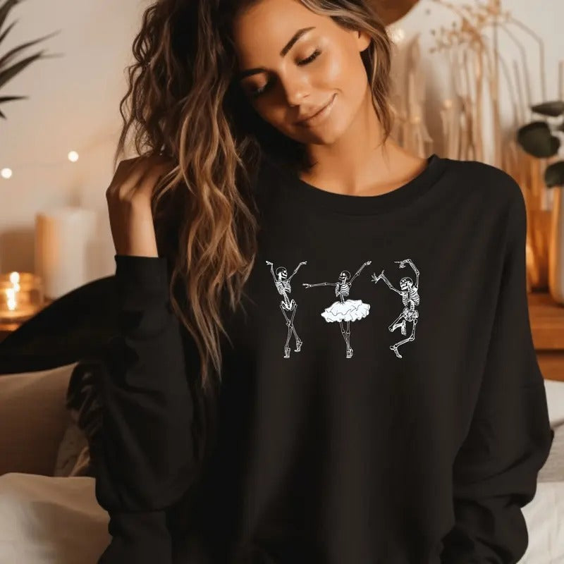 Dancing Skeletons Crewneck Sweatshirt Casual Comfortable Graphic T-Shirts, Hoodie | DripVista.com