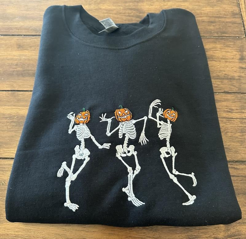 Dancing Skeletons Embroidered Crewneck Sweatshirt T-Shirts, Hoodie | DripVista.com