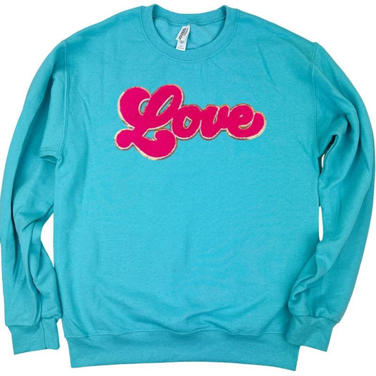 Dark Pink Chenille Love Patch Sweatshirt -- SCUBA BLUE