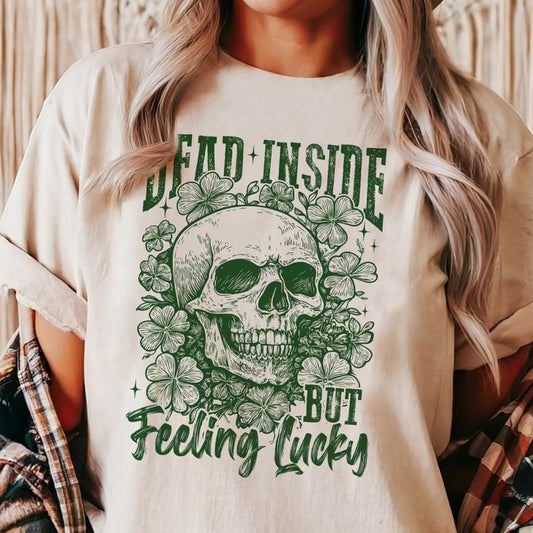 Dead Inside but Feeling Lucky Skull St Patricks Day Graphic Tee Skeleton Clover Dead Inside Tshirt St. Pattys Lucky Skull T-Shirt Unisex Casual Poly Cotton Top