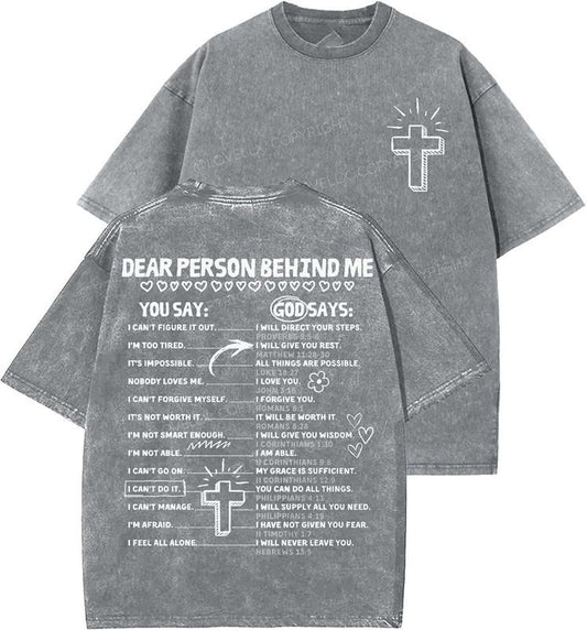 Dear Person Behind Me Unisex Washed T-Shirt, Christian t shirts, Vintage 90s Graphic Tee, Gift Top Womenswear Cotton Mineral Color