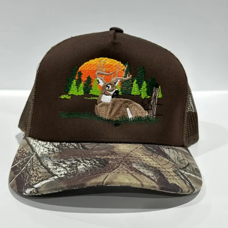 Deer Scenery Dark khaki CAMO Camouflage Brim Mesh Trucker SnapBack Hat Deer Hunting Cap Custom Embroidered T-Shirts,...