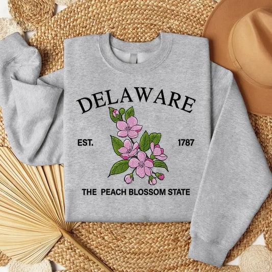 Delaware Peach Blossom Embroidered State Flower Sweatshirt, Hometown Embroidered Shirt, Favorite Flower Embroidered Shirt