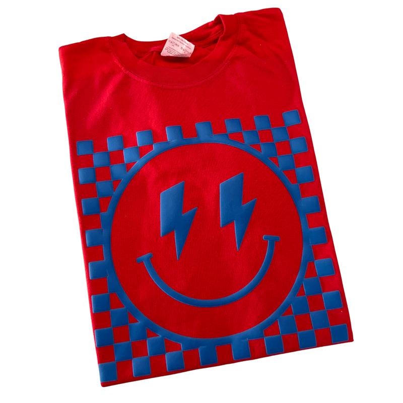 Denim Puff Checkered Happy Face Comfort Colors T-Shirt Hoodie, Sweatshirt | DripVista.com