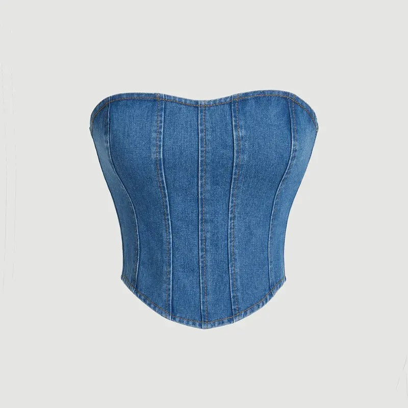 Denim Strapless Asymmetrical Hem Zip Up Sleeveless Crop Tube TopY2K T-Shirts, Hoodie, Sweatshirt | DripVista.com