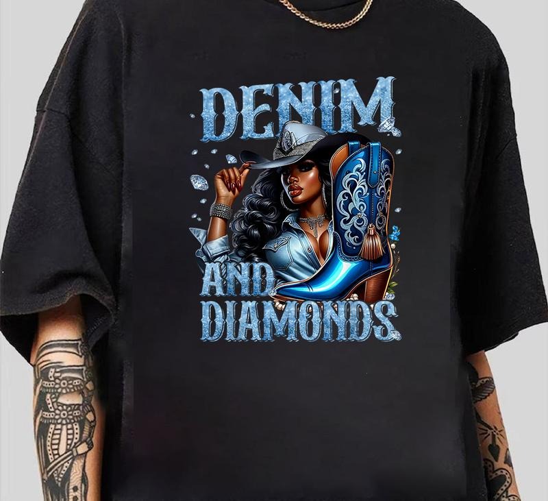 Denim and Diamonds African Melanin Swag Cowgirls Western T-Shirt Ultimate Gift for Fans Hoodie, Sweatshirt | DripVista.com