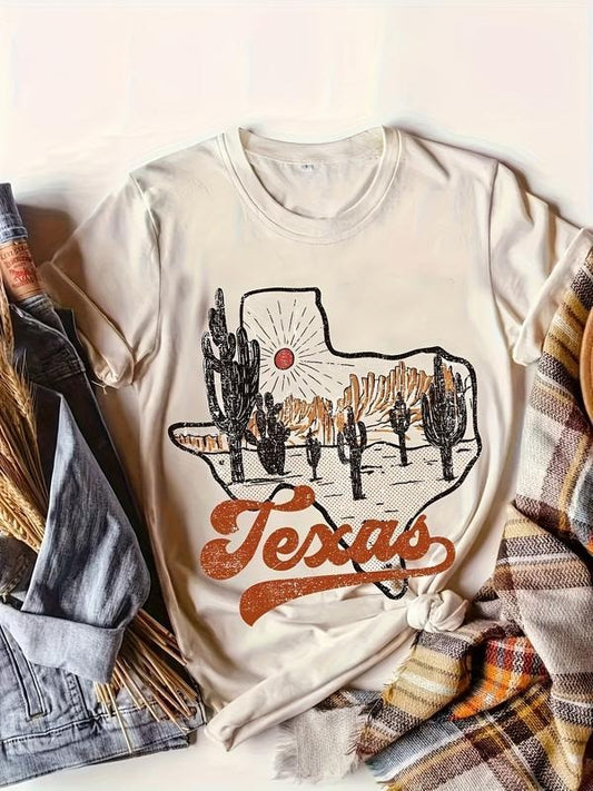 Desert & Cactus Print Crew Neck T-shirt, Casual Short Sleeve Top For Spring & Summer, Women's Clothing Womenswear