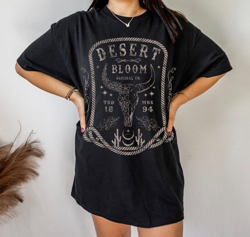 Desert Bloom Western Graphic Tee Wild Flower Shirt Bull Skull Shirt Vintage Inspired Southwest Shirt Distressed Country Music Tee