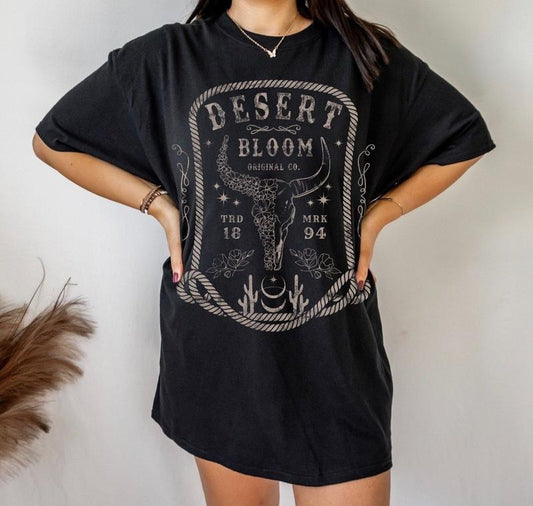 Desert Bloom Western Graphic Tee Wild Flower Shirt Bull Skull Shirt Vintage Inspired Southwest Shirt Distressed Country Music Tee