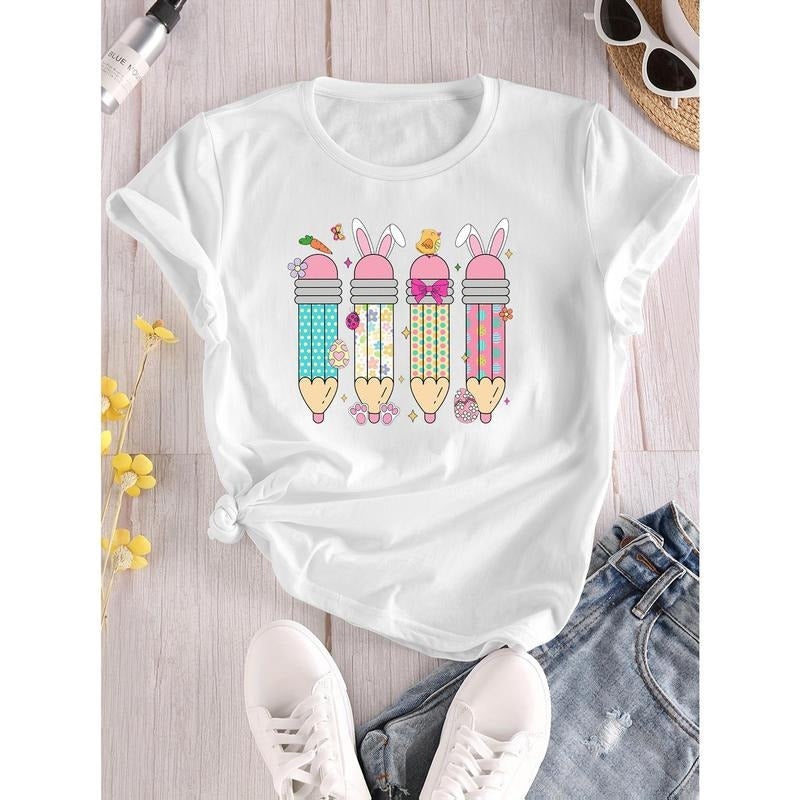 Directional Easter, Four Bunny Pencil Print Crewneck T-Shirt, Athleisure Everyday Top, Women'WB shield Wear Hoodie,...