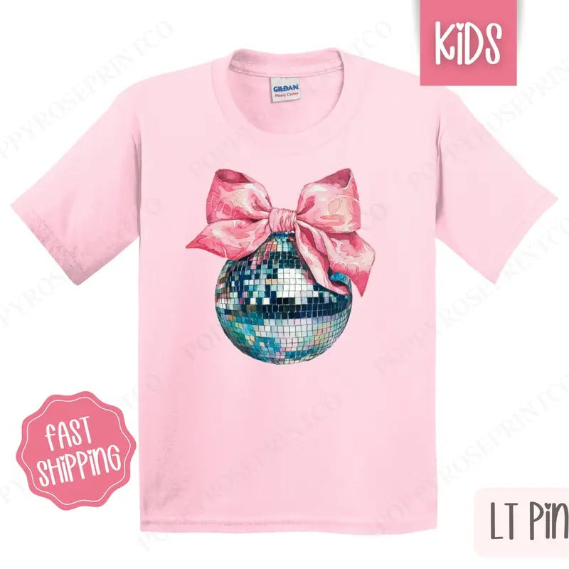 Disco Ball Bow Kids Shirt - New Year's 2025 Children's Tshirt - Youth NYE Tee Gildan Hoodie, Sweatshirt | DripVista.com