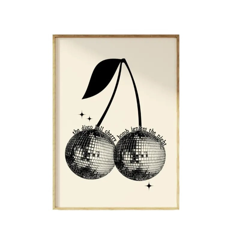 Disco Ball Cherry Bomb Retro Trendy Print, Feminine Aesthetic Dorm Uni, Funky 80s 90s Style Art, Poster Prints No Frame,...
