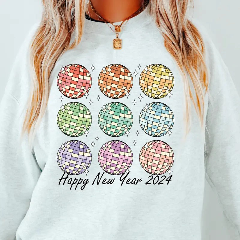 Disco Ball Pattern Happy New Year Causal Sweatshirt Unisex Fit Womenswear Hoodie T-Shirts | DripVista.com