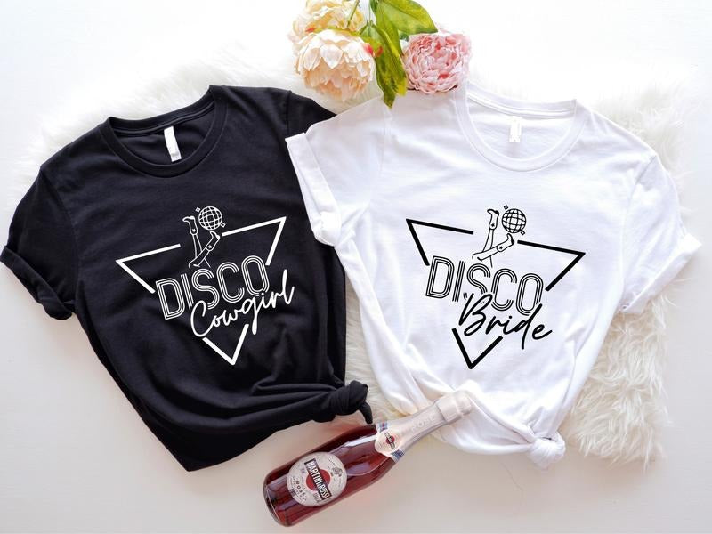 Disco Bride Shirt, Disco Cowgirl T-Shirt, 90s Bachelorette Party Tee, Matching Bridesmaid, Bridal Shower Tee, Gift Shirt For Bride.