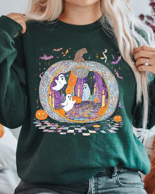 Disco Ghost Pumpkin Party Sweatshirt Fall Oversized Look Trendy Retro Style Top Long Sleeve Crew Neck Medium Length Classic Fit Autumn Wear
