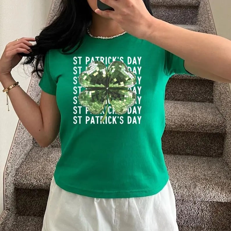 Disco Shamrock St Patrick's Day Baby Tee Women Mirrorball Clover Irish Baby Tee Green St Paddys Day T Baby Tee St Pattys Day Outfit Lucky Girl 1