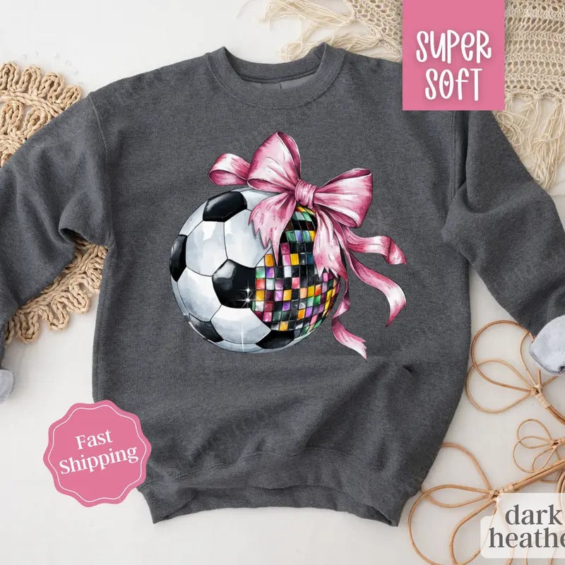 Disco Soccer Bow Sweatshirt, Game Day Soccer Crewneck, Womens Sweatshirt, Futbol Sweater T-Shirts, Hoodie | DripVista.com