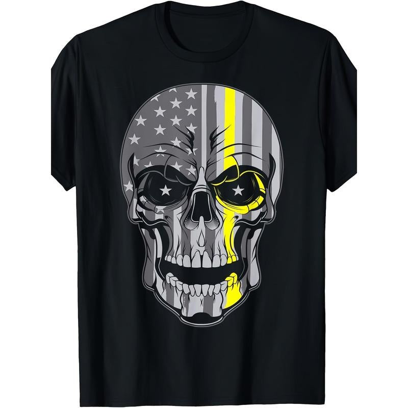 Dispatcher Thin Yellow Line American Flag Skull Gift Printed T-shirt Comfortable Breathable, Soft, Casual Short Sleeve,...