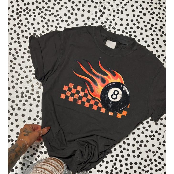 Distressed Checkers & Flames 8 Ball Tee, Graphic Crewneck shirt, cowgirl outfits, western clothing, western tops outfits...