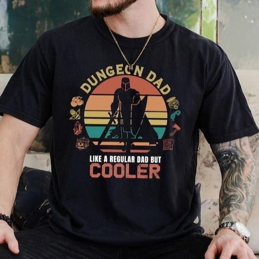 DnD Dungeon Dad Shirt, Dungeon Dad Like A Regular Dad  But Cooler shirt, Fun TTRPG D&D Fathers Day, Birthday or Gift for him, Retro Sunset Color Variant, Dungeons and Dragons Clothing for Him