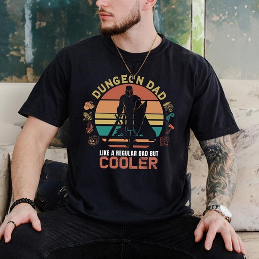 Dnd Dungeon Dad Shirt, Fun Ttrpg D&D Fathers Day, Bday Or Xmas Gift, Retro Sunset Color Variant, Dungeons And Dragons Clothing For Him