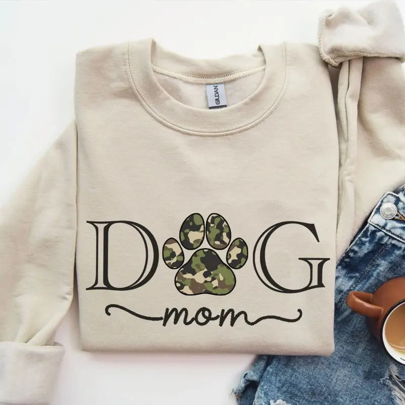 Dog Mom Camo Pattern Hunting Dog Mama Crewneck Sweatshirt, Hunting Season, Camo Mama Tee, Full Sizes, Full Colors Hoodie