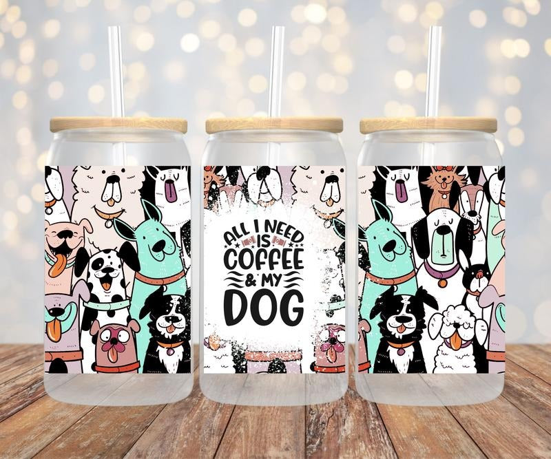Dogs and coffee 16 oz glass jar tumbler