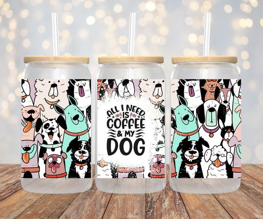 Dogs and coffee 16 oz glass jar tumbler