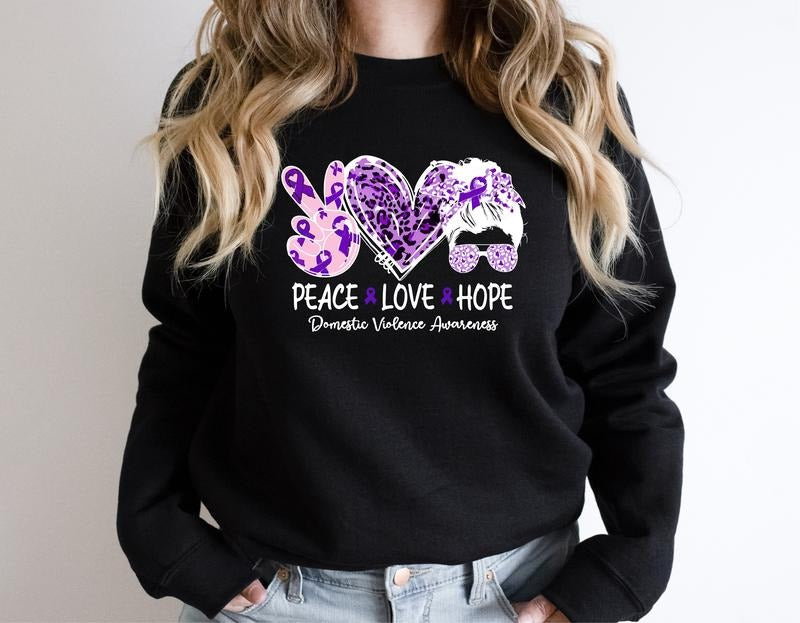 Domestic Violence Sweatshirt, Peace Love Hoodie, Purple Ribbon Sweatshirt, Survivor Hoodie, Awareness Ribbon, Family Violence Hoodie, Matching Support Sweatshirt.
