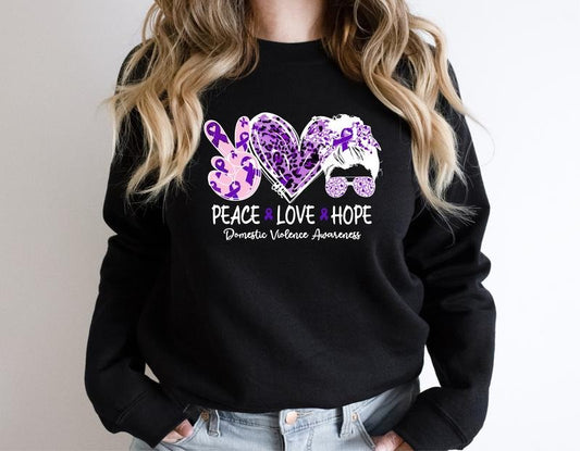 Domestic Violence Sweatshirt, Peace Love Hoodie, Purple Ribbon Sweatshirt, Survivor Hoodie, Awareness Ribbon, Family Violence Hoodie, Matching Support Sweatshirt.