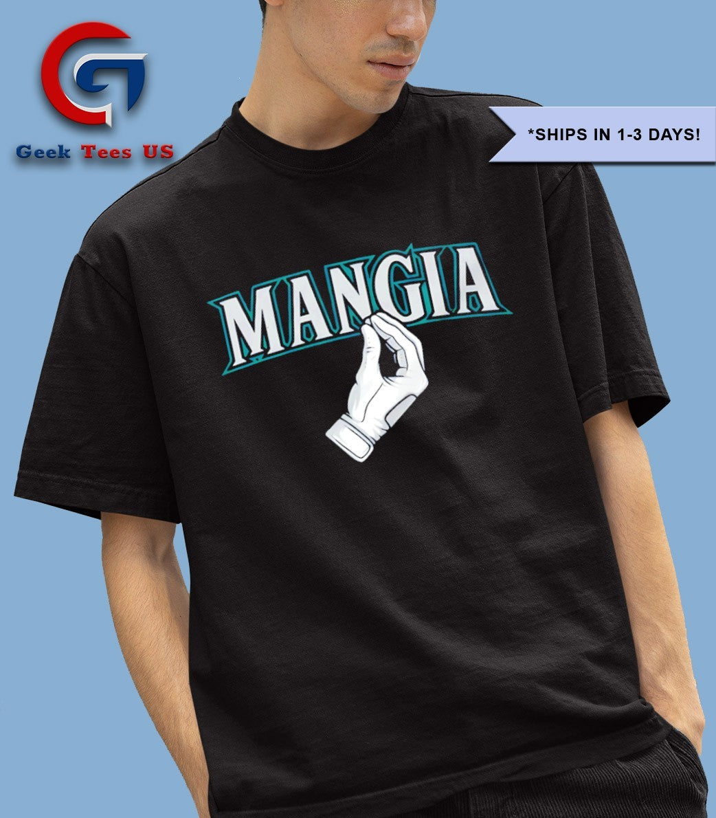 Dominic Canzone wearing Mangia hand Seattle Mariners baseball shirt