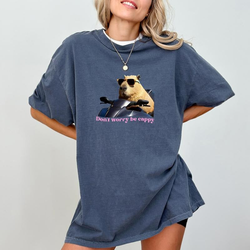 Don't Worry Be Cappy Shirt, Funny Capybara Graphic Tee Women, Happy Quotes Printed T-shirt, Cotton Fabric Outfit,...