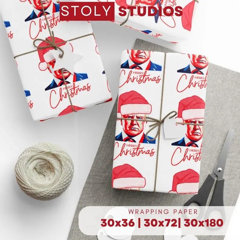 Donald Trump Christmas wrapping paper, Trump Santa wrapping paper for xmas gift wrapping, Traditional xmas wrap, red white blue wrap