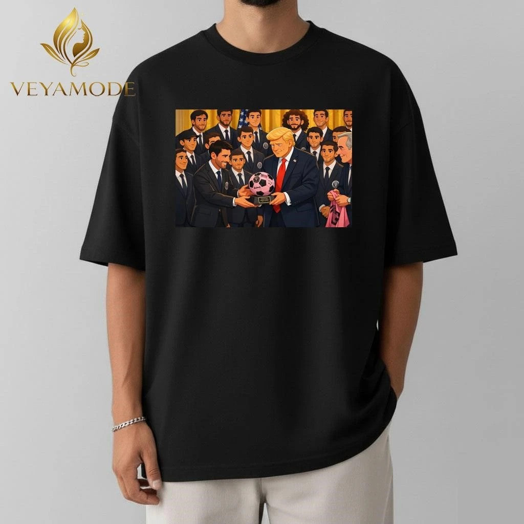Donald Trump vs Messi and ball signature cartoon tee