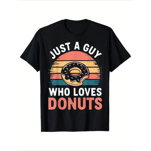 Donut Lover Graphic Tee, 100% Cotton, Casual Crew Neck T-Shirt, Regular Fit, Short Sleeve, with Geometric Donut Print, Slight Stretch, for All-Season Knit Fabric Top, Weekend Casual Style made in usa