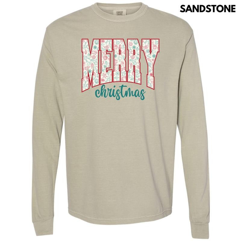 Doodle Merry Christmas Long Sleeve Comfort Colors T-Shirt 'NLB'