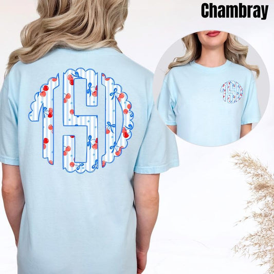 Double Cherry Stripe Monogram Comfort Colors T-Shirt 'NLB'