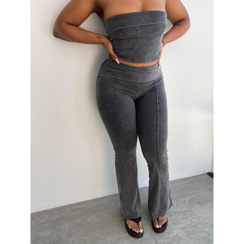 Double Cuff Charcoal Grey Bandeau Wide Leg Set T-Shirts, Hoodie, Sweatshirt | DripVista.com