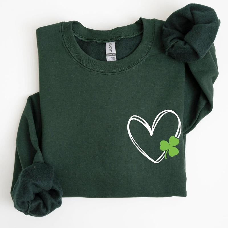 Double Heart With Shamrock, Pocket Print, St Patrick's Day Sweatshirt T-Shirts, Hoodie | DripVista.com