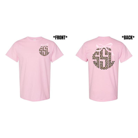 Double Pink Bow Cheetah Monogram Gildan Short Sleeve T-Shirt 'NLB'