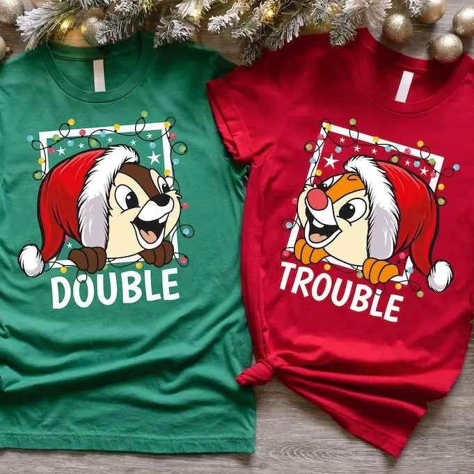 Double Trouble Chip N Dale Christmas tshirt, Christmas Couples Matching T-Shirt, Dsney Chip And Dale In Red Christmas Hat...