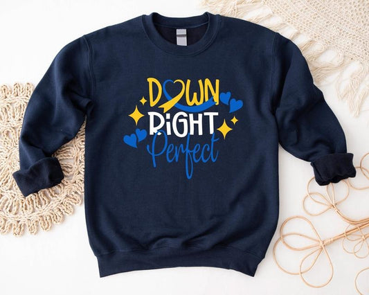 Down Right Perfect Sweatshirt, Down Syndrome Awareness Hoodie, Extra Chromosome Sweater, Unisex Yellow And Blue Ribbon Support Sweater, Cute Down Trisomy Gift Hoodie.