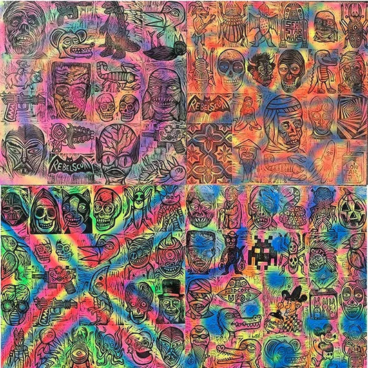 Dozens of Woodcuts Printed on Spray Painted Wooden Panels