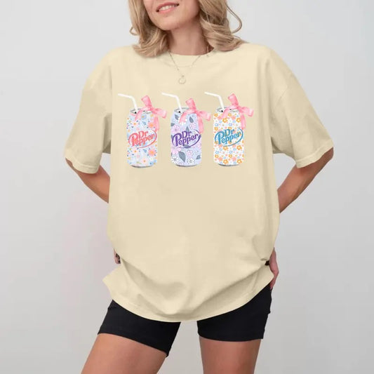 Dr. Pepper Flowers Cans new T-Shirt, Dr Pepper Bow T-Shirt, Dr Pepper Pink Bow T-Shirt, Cute Baby Pink Bow Tee, Trendy Soda Can With Roses, Gifts, Gift For Her, Gift For Him