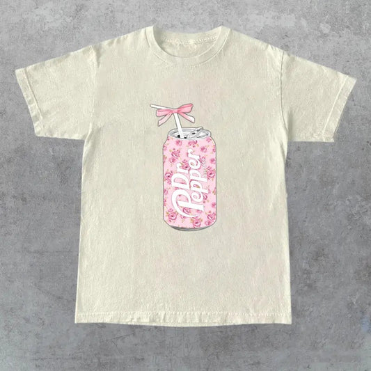 Dr Pepper Gift, Dr Pepper Bow Crewneck, Dr Pepper Pink Bow Shirt, Cute Baby Pink Bow Tee, Trendy Soda Can With Roses Menswear