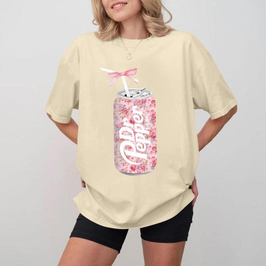 Dr Pepper T-Shirt, Dr Pepper Gift, Dr Pepper Bow T-Shirt, Dr Pepper Pink Bow T-Shirt, Cute Baby Pink Bow Tee, Trendy Soda Can With Roses Menswear T-Shirt, Gifts, Gift For Her, Gift For Him