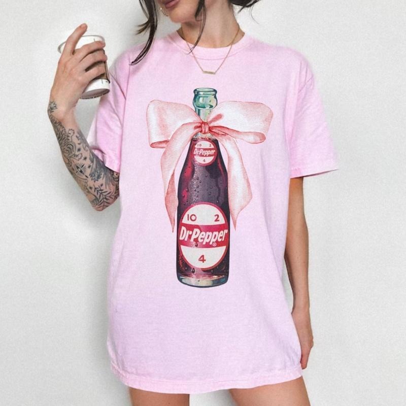 Dr Pepper Tee Unisex Fit, Vintage Dr Pepper Glass Bottle With Bow Coquette Shirt, Aesthetic Dr Pepper Painting Pink Bow...