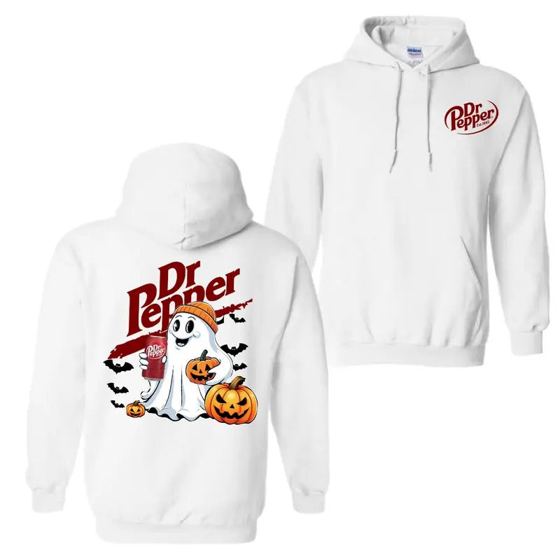 Dr. Pepper Ghost Cute Halloween 2 Sided Hoodie T-Shirt, Dr. Pepper Halloween Hoodie For Men And Women, Halloween Cute Ghost Trendy Hoodie